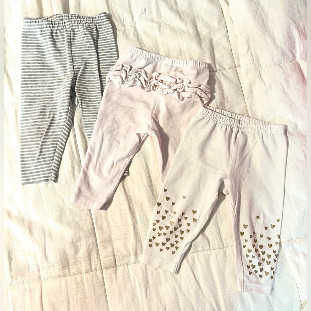 9M Baby Girl Leggings Bundle- White, Hearts, Ruffles & Stripes